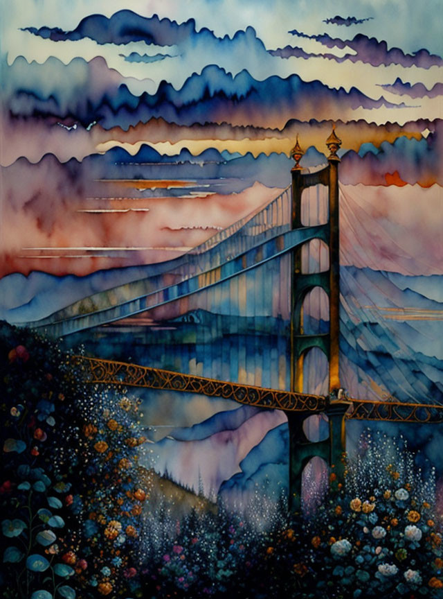 Bridge-inspired watercolor painting at twilight with hills and wildflowers.