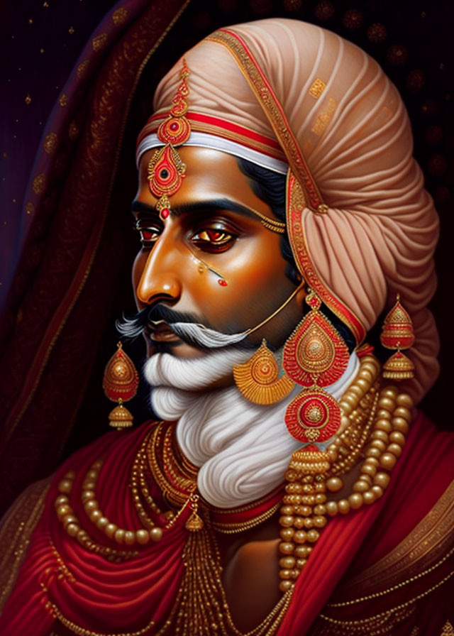 Regal man with turban, ornate jewelry, majestic beard, rich colors & detail