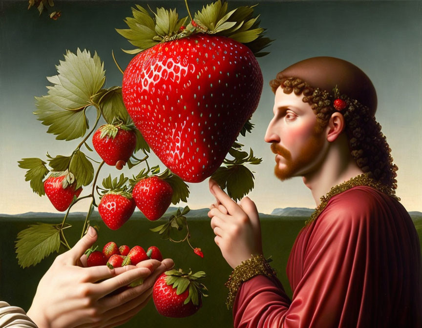 Surreal painting: man with laurel crown and giant strawberry