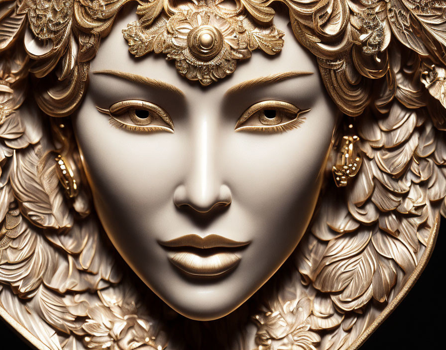 Intricate Golden Mask with Floral Patterns and Almond-Shaped Eyes