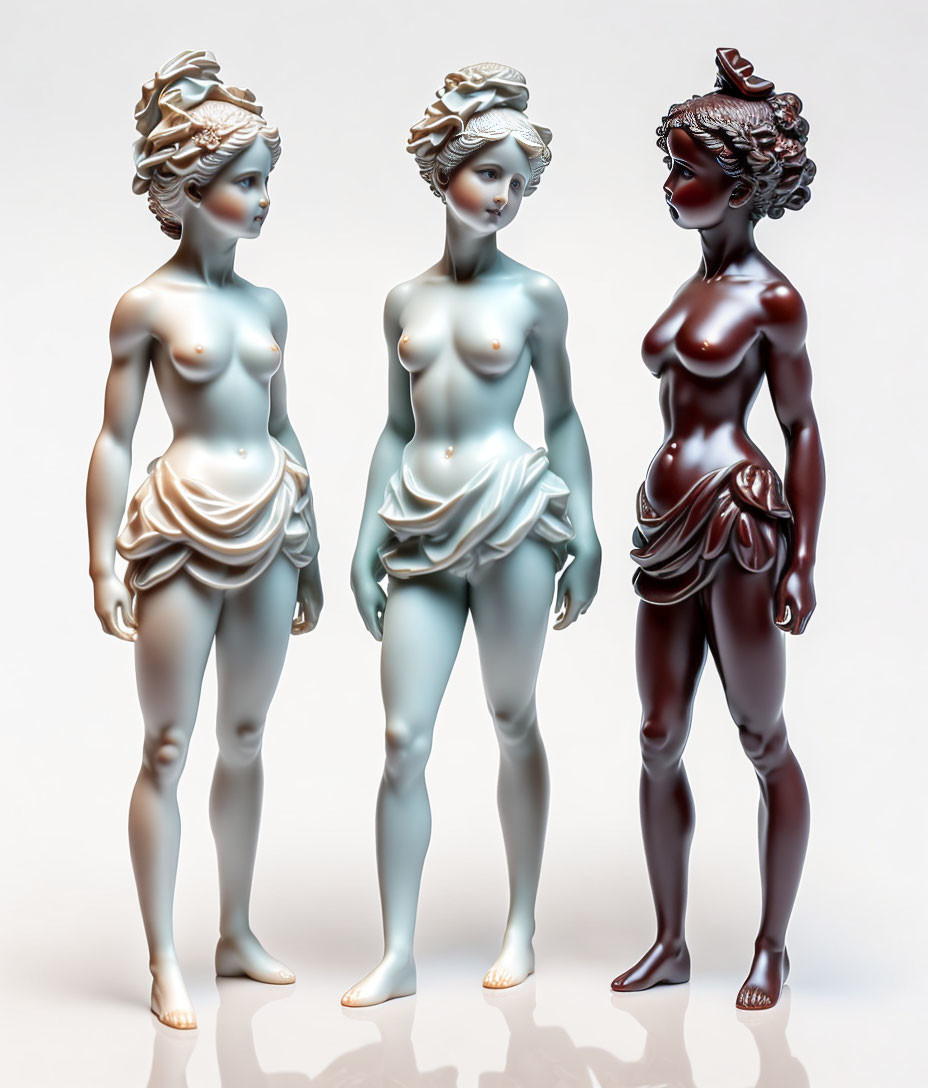 Three Stylized Figurines with Gradient Coloring and Intricate Hairstyles