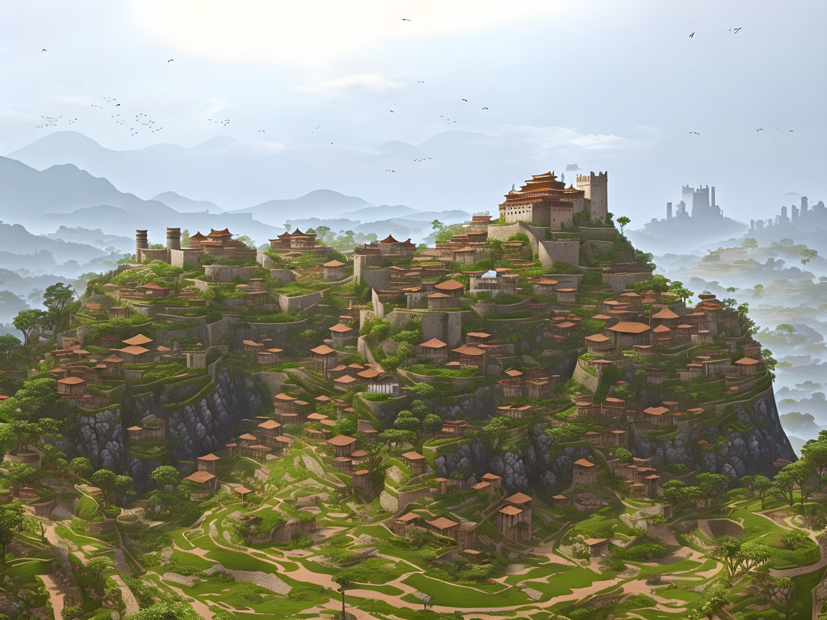 Ancient hilltop city with terraced structures and misty mountains