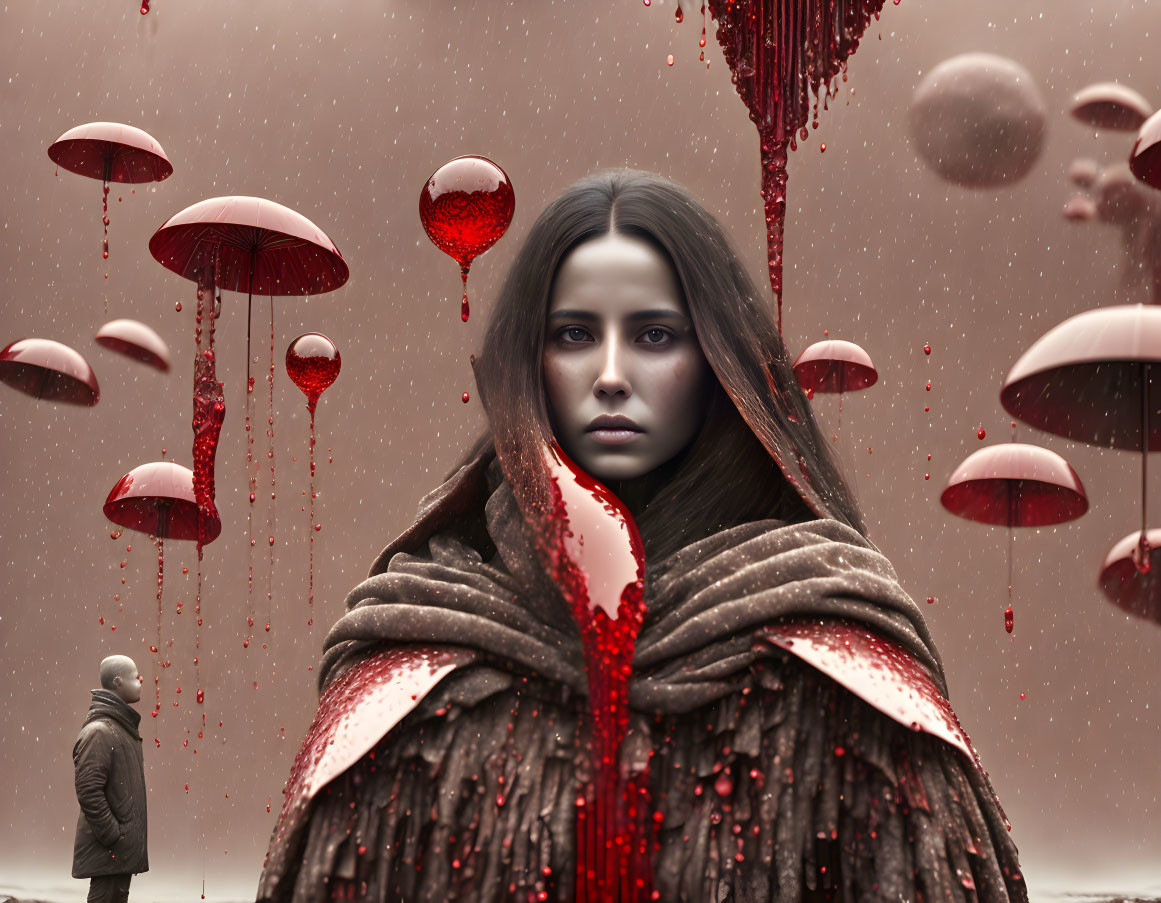 Surreal portrait of woman in brown cloak with blood-like raindrops forming umbrellas, small figure