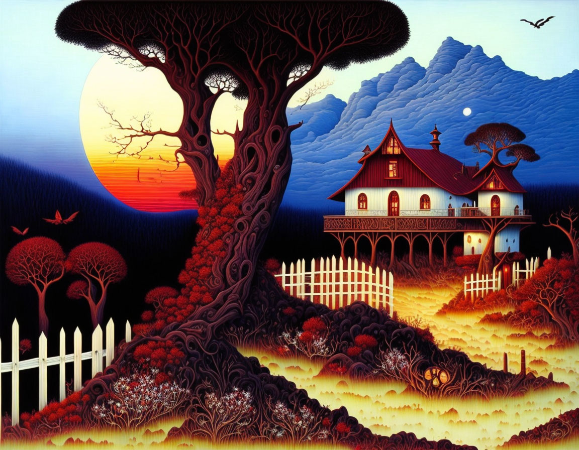 Colorful whimsical painting of Victorian house in vibrant landscape with sun and moon.