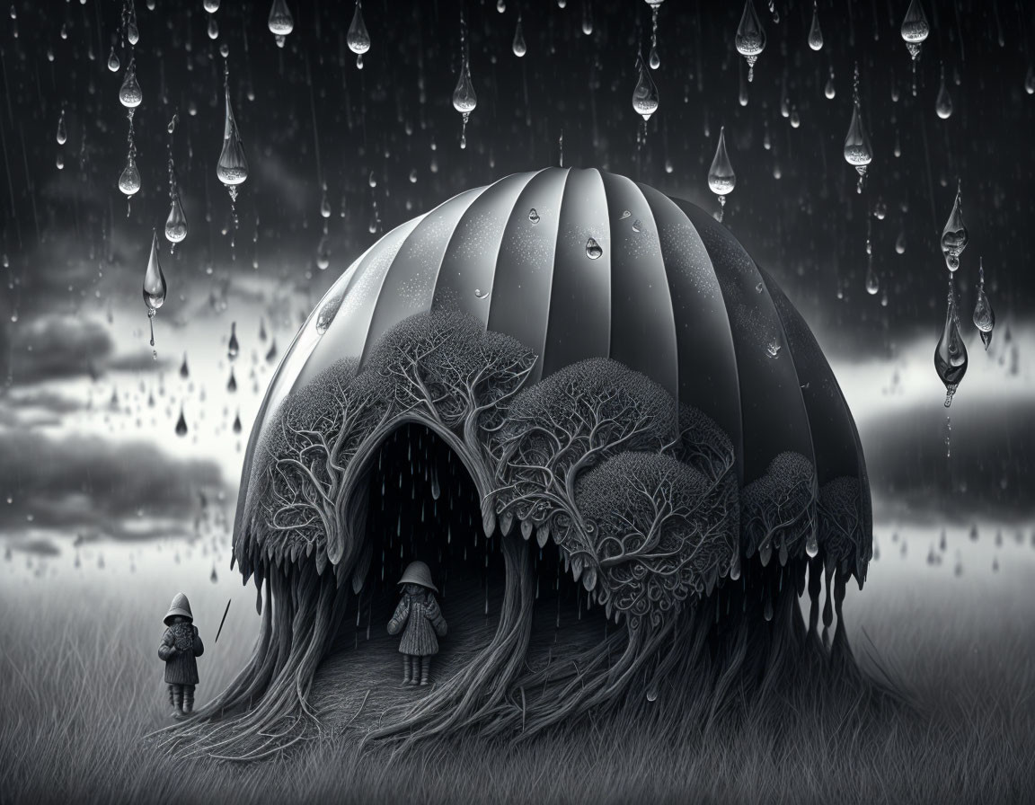 Monochrome fantasy landscape with raindrop-shaped structures and figures with umbrellas.