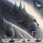 Surreal artwork: Tranquil face with elaborate headdress morphing into starry sky and sailing