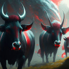 Three mystical bulls with curved horns and red markings under a red moon and brooding sky.