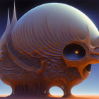 Surreal illustration: Large, ornate organic structure with eye in twilight sky