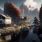 Fantasy village with wooden houses on rugged stones near a calm river