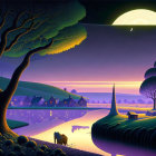 Vibrant dusk landscape with moon, trees, water, houses, and animals