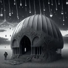 Monochrome fantasy landscape with raindrop-shaped structures and figures with umbrellas.