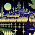 Illuminated palace with onion domes under full moon reflected in water