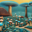 Fantasy Mushroom Forest Illustration in Blue and Brown Tones