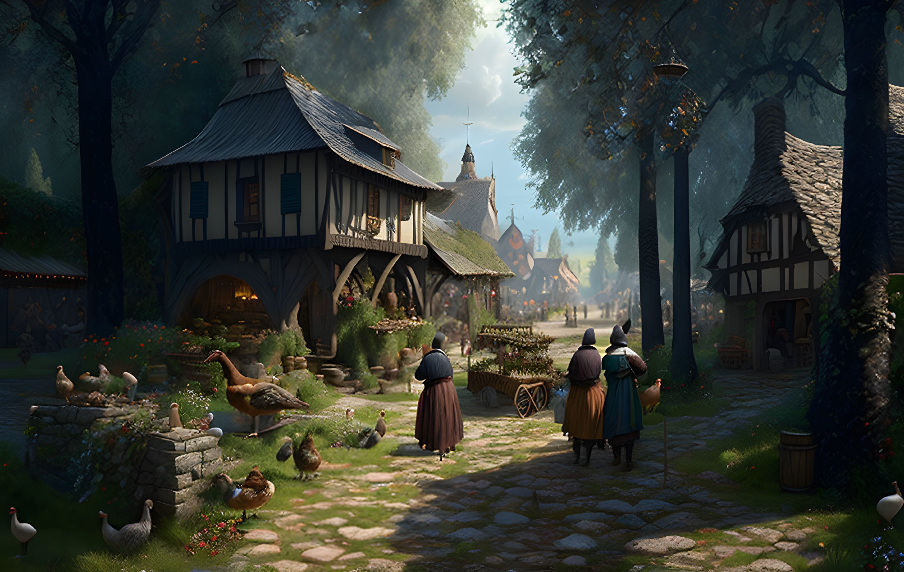 Medieval village scene with thatched-roof cottages, villagers in period attire, and roaming poultry