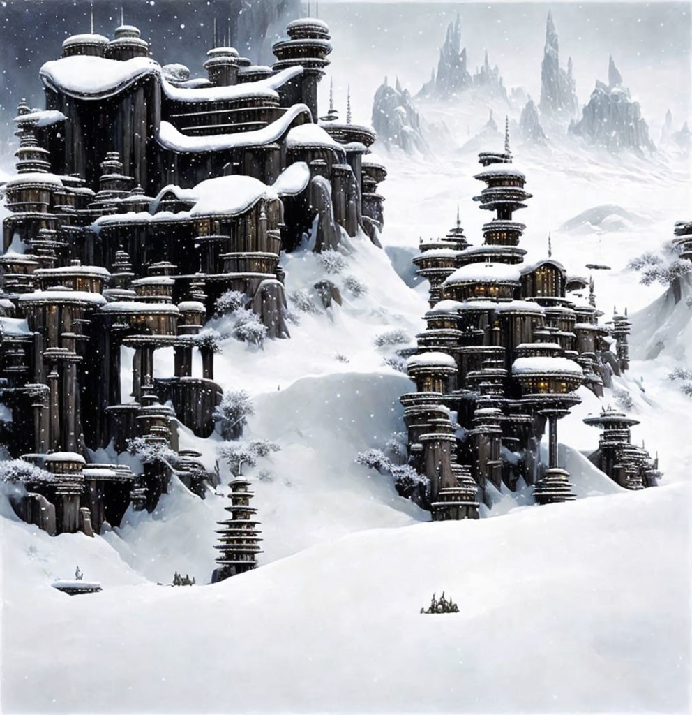 Futuristic cityscape in snowy landscape under grey sky