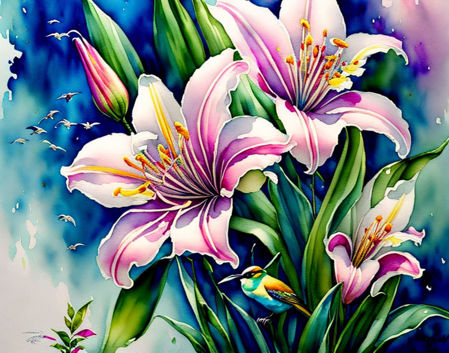 Colorful Watercolor Painting of Pink Lilies and Bird on Blue Background