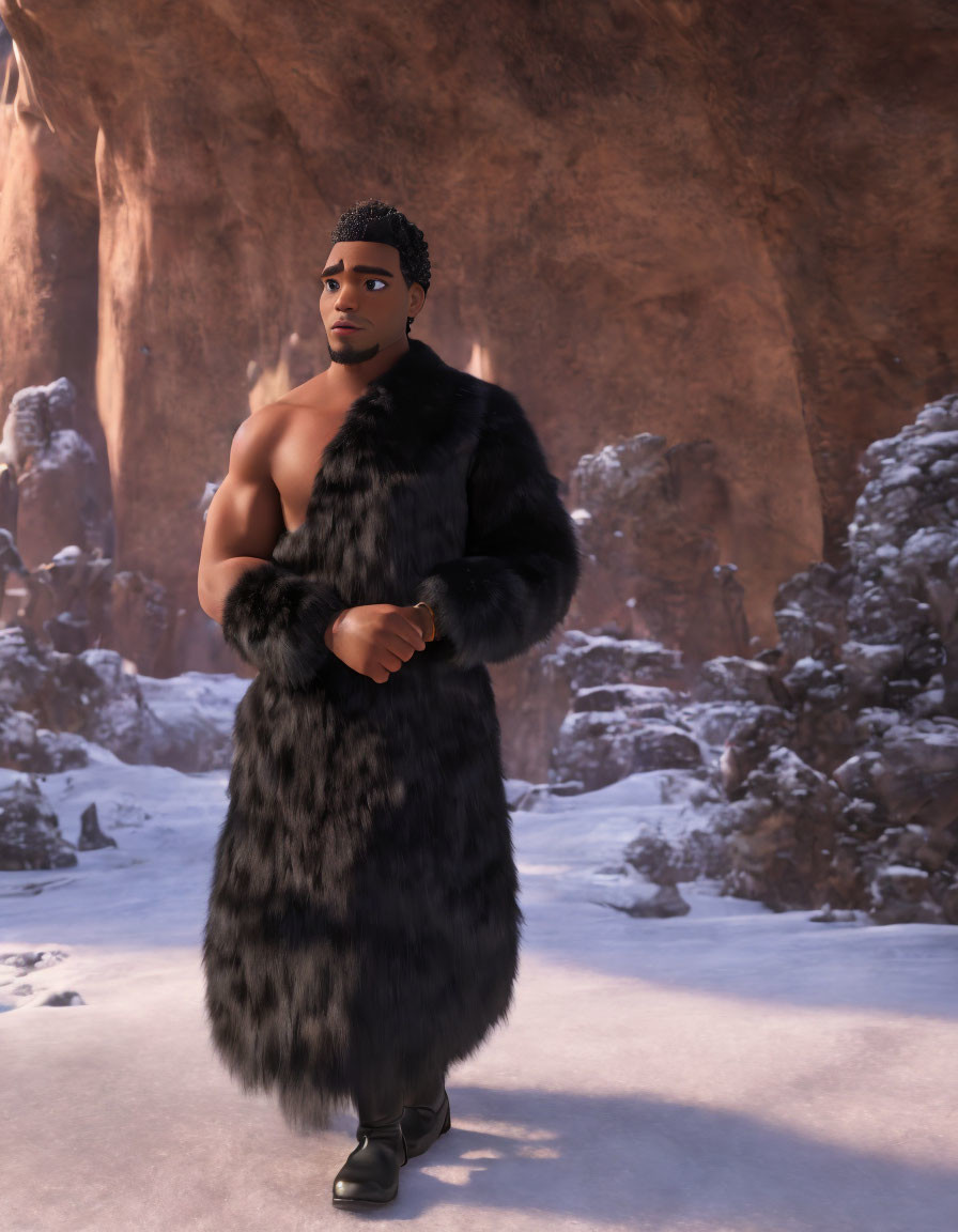 Muscular 3D Animated Character in Fur Coat on Snowy Mountain