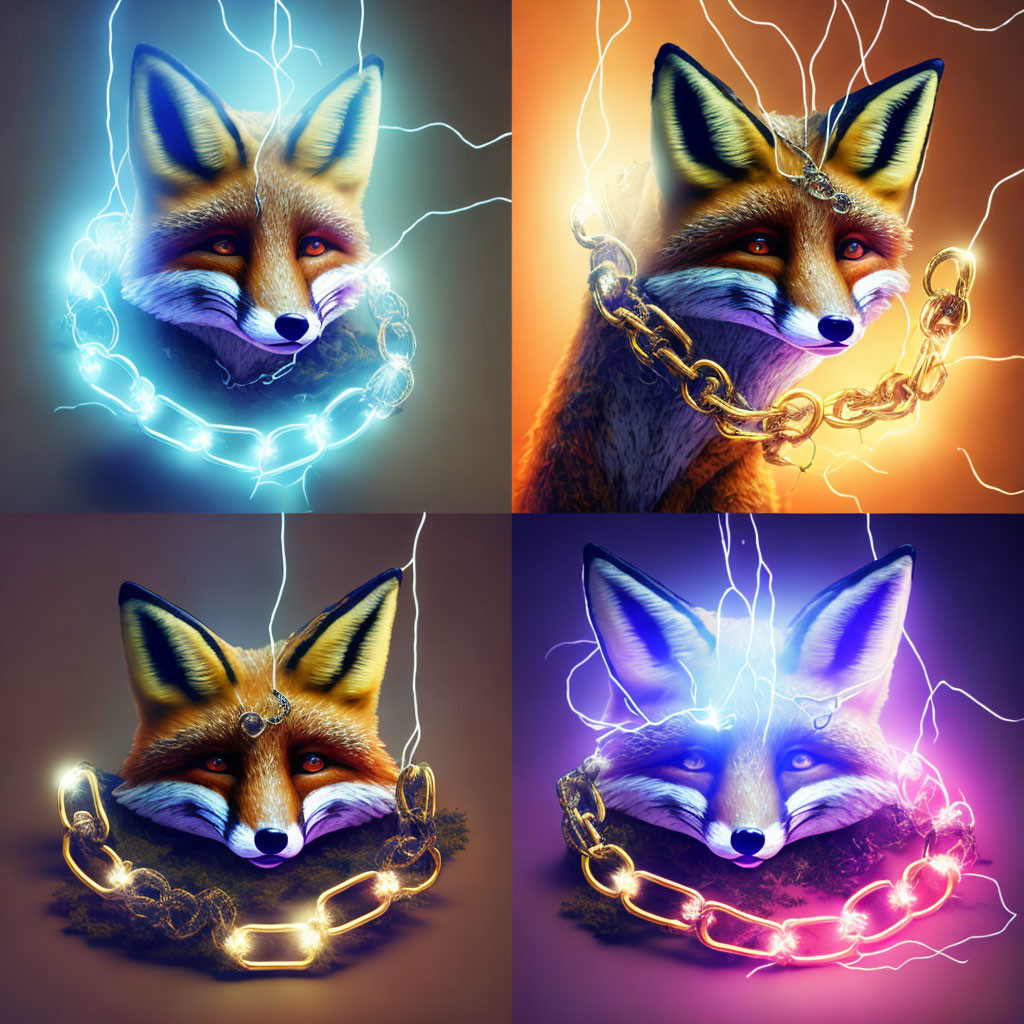 Vivid stylized fox portraits with electrified colors and unique light effects