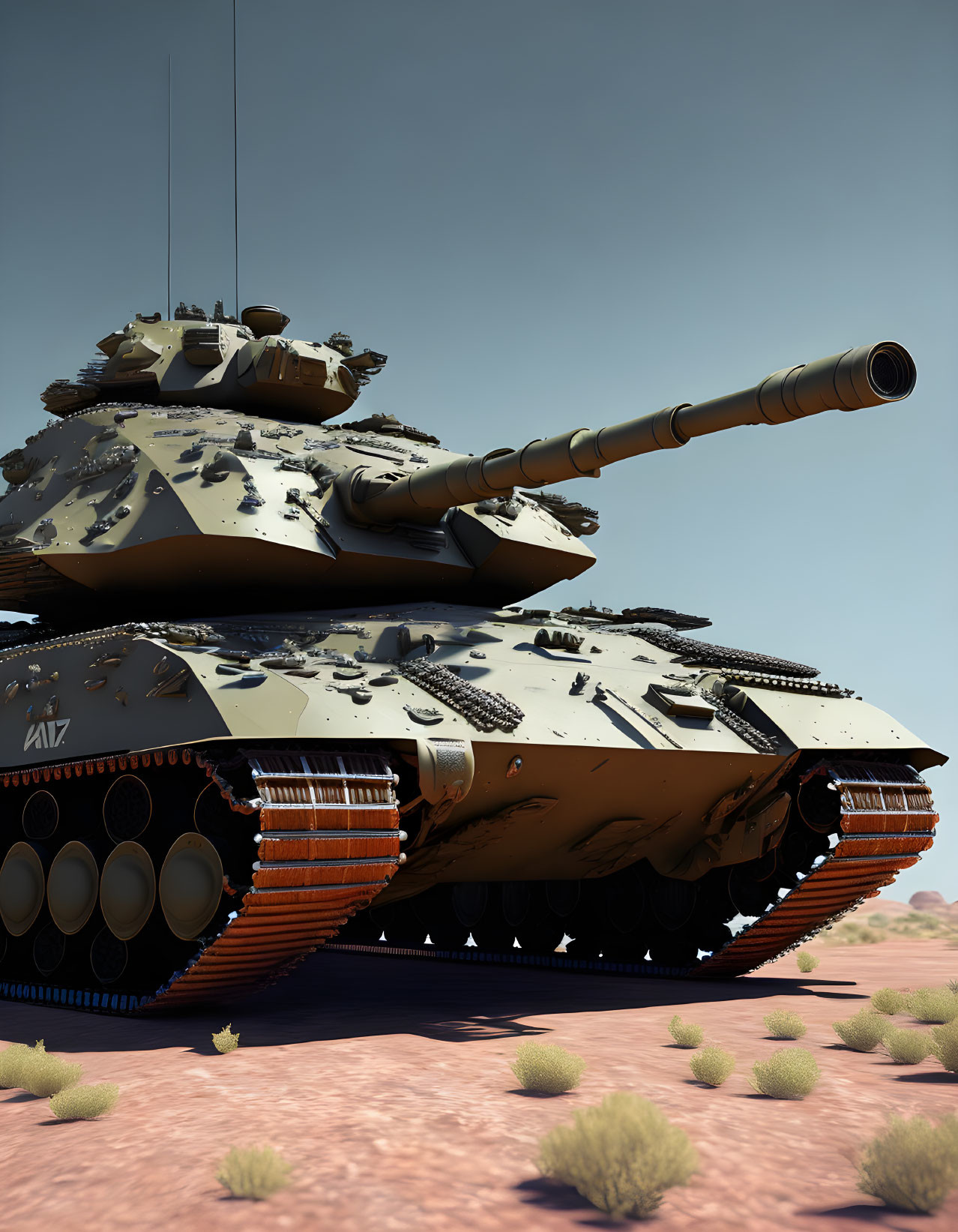 Modern Camouflaged Tank in Desert Landscape with Clear Skies