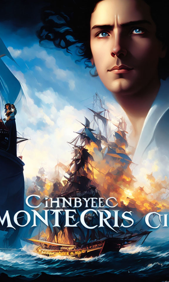 Man's face on movie poster above fiery maritime battle scene