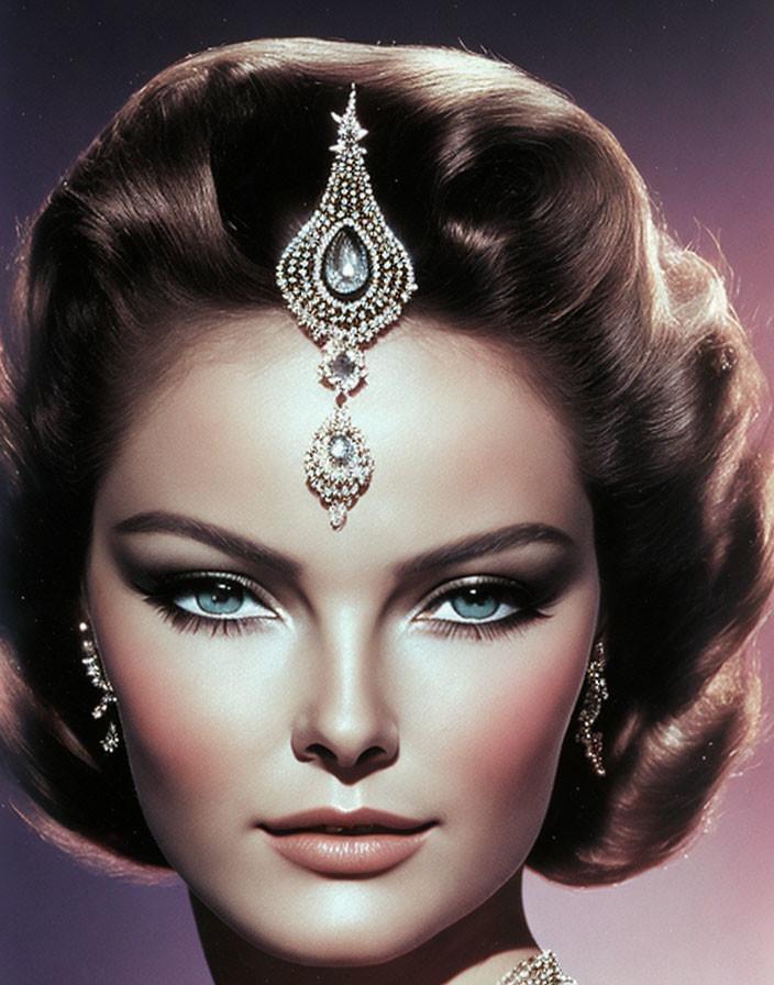 Vintage Portrait of Woman with Elegant Makeup and Jewel Headpiece