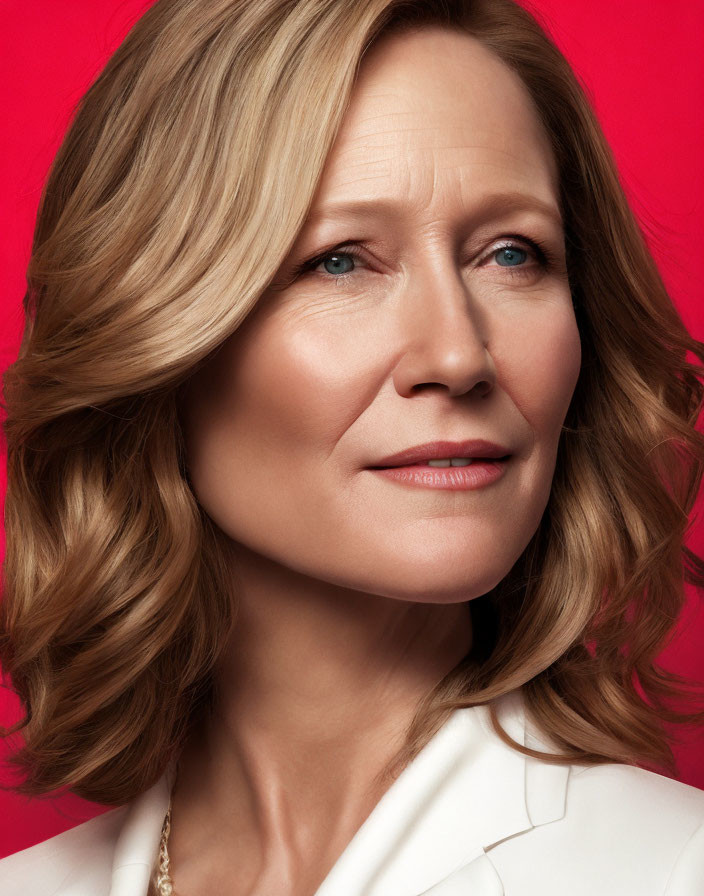 Woman with Wavy Hair in White Blazer on Red Background