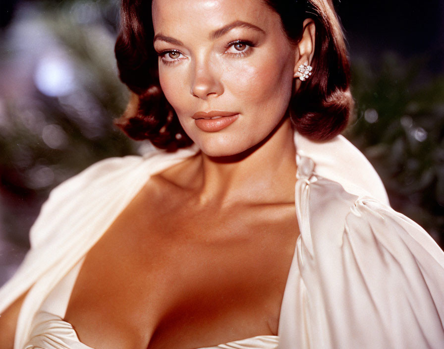 Portrait of woman with deep neckline dress, short curled hair, eyeliner, and soft lipstick