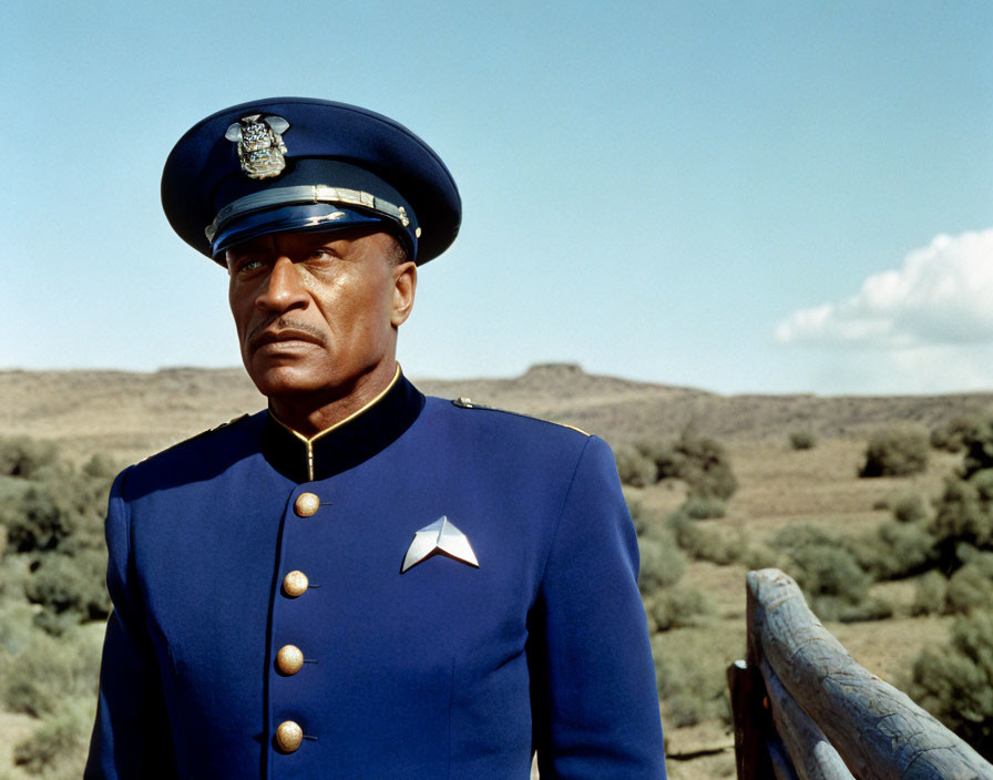 Military man in blue uniform gazes off-camera in arid backdrop