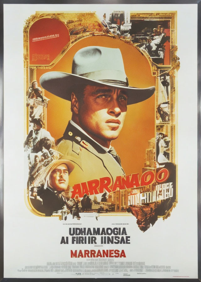 Classic Movie Poster with Man in White Hat and Red/Orange Scenes