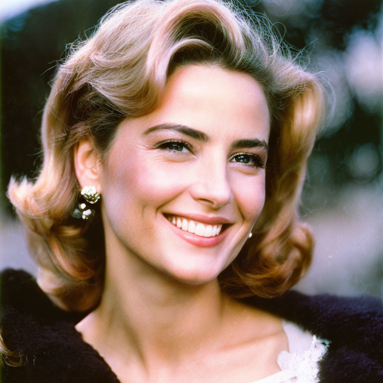 Blonde Woman Smiling in Black Outfit with Earrings