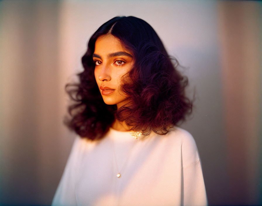 Woman with voluminous wavy hair in white top and gold necklace under warm light