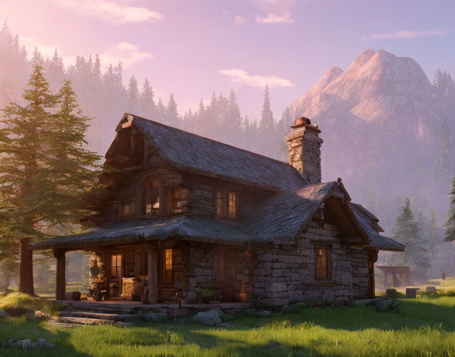 Stone Cabin with Wooden Roof, Chimney, Porch in Forest at Sunset