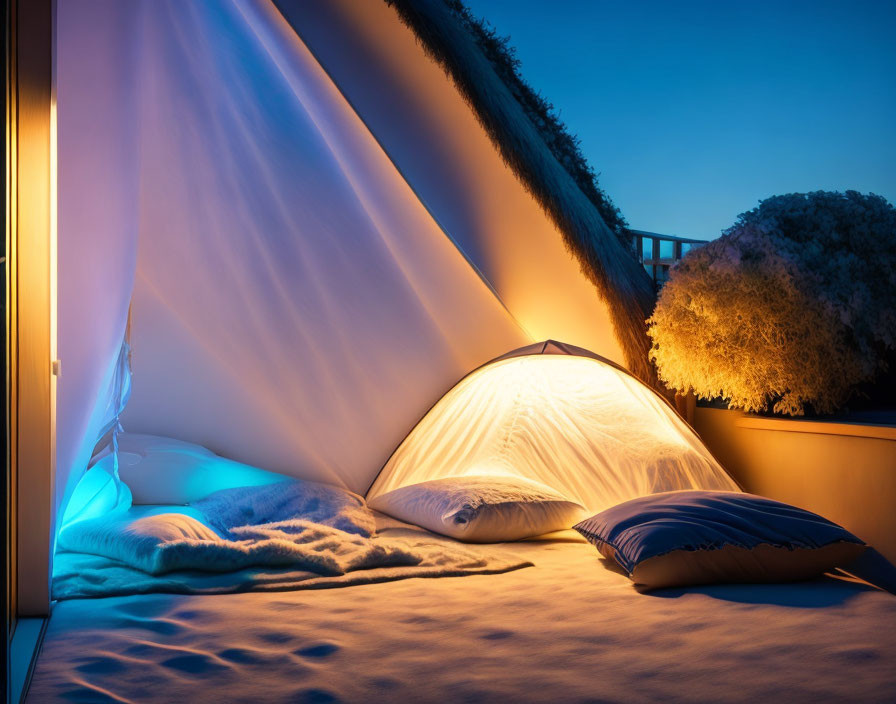 Cozy indoor camping setup with illuminated tent and night sky view