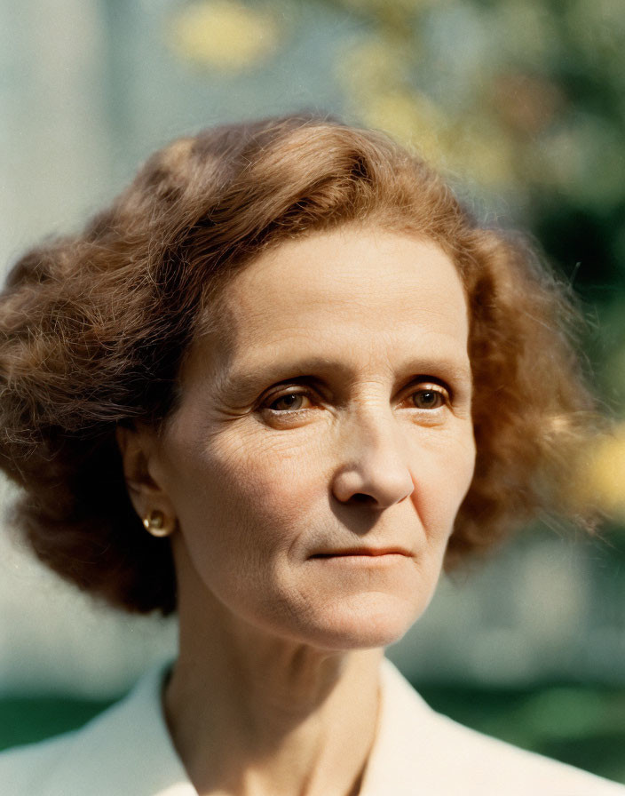 Auburn-haired woman in thoughtful pose against green backdrop