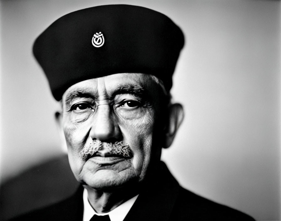 Monochrome portrait of elderly man in military beret