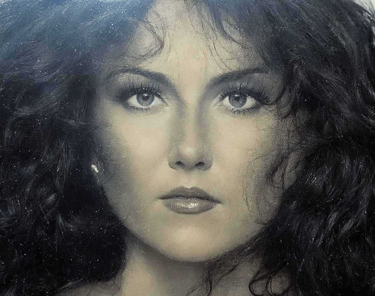 Vintage black and white photo: Woman with curly hair and intense eyes