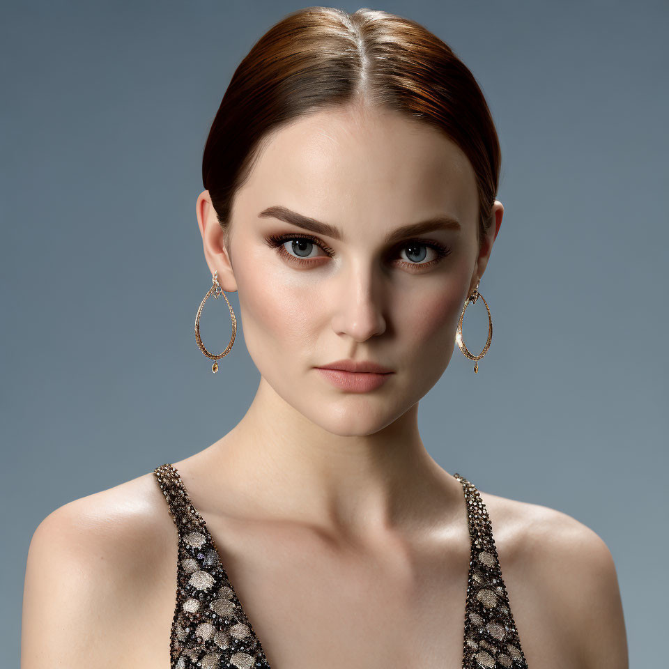 Portrait of a woman with blue eyes and hoop earrings in sequined top