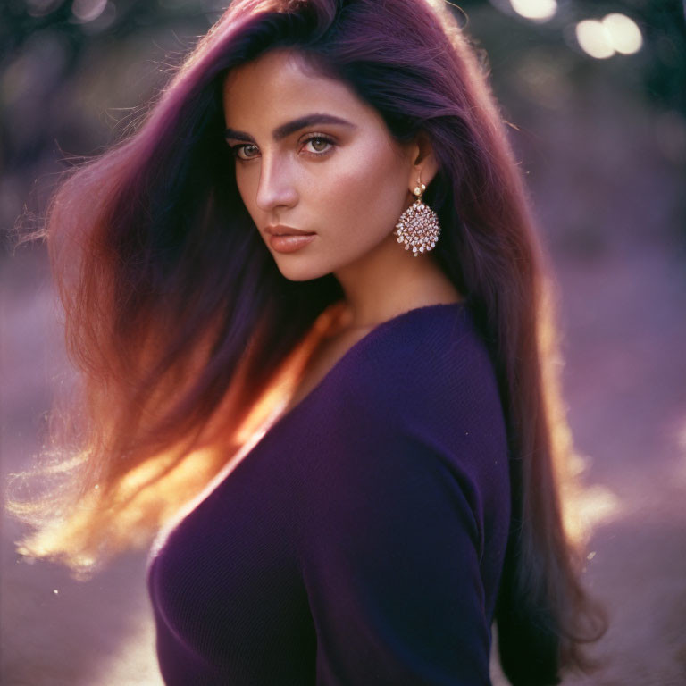 Dark-haired woman in ornate earring gazes over shoulder in natural setting