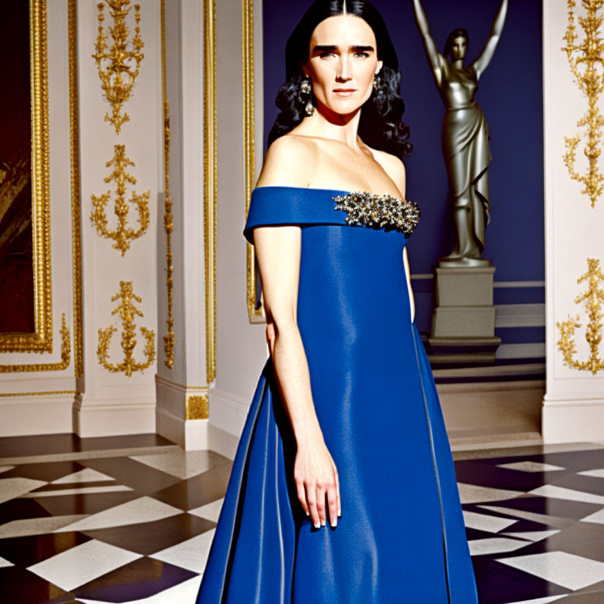 Elegant woman in blue off-shoulder gown in luxurious room