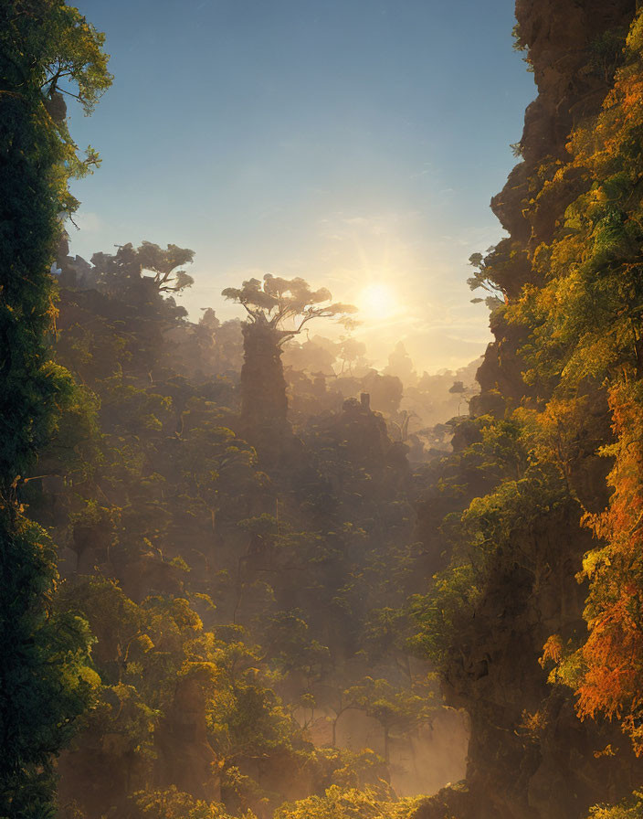 Misty forest at sunrise with golden sunlight filtering through trees