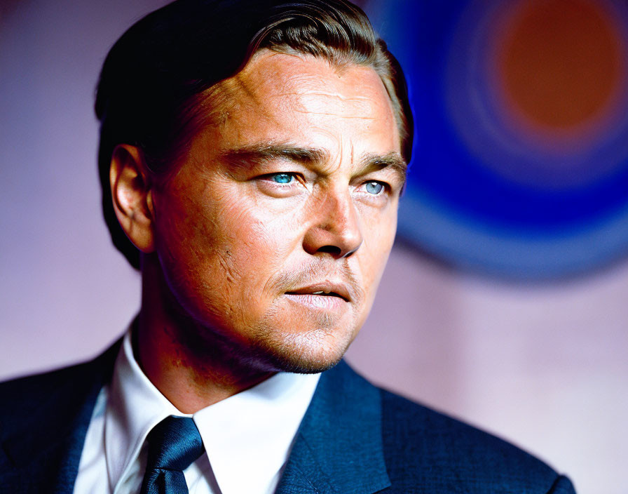 Serious man in suit with slicked-back hair against colorful abstract backdrop