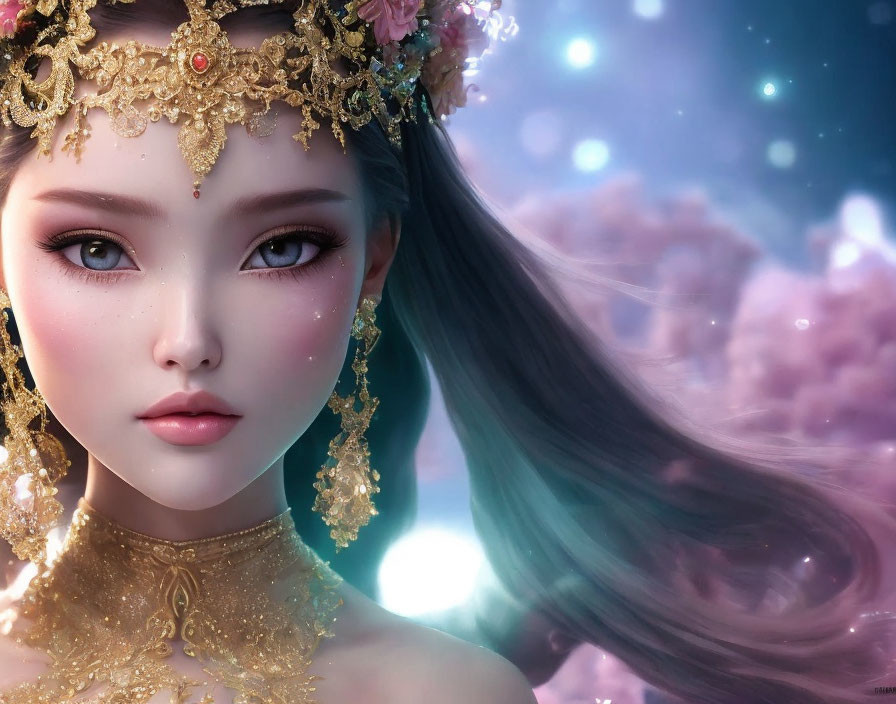 Fantastical female character with golden head jewelry in digital artwork