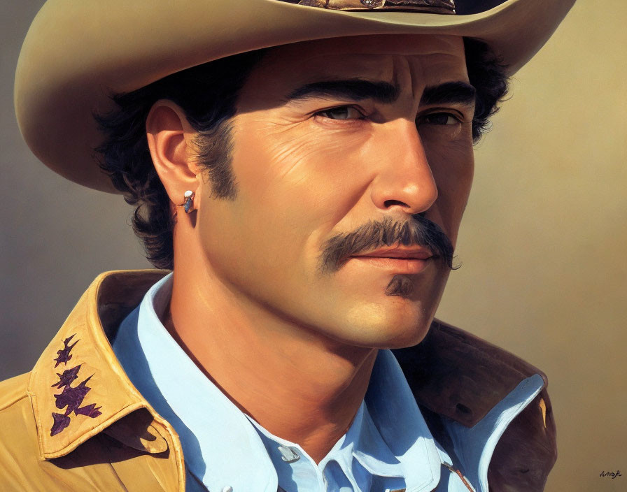 Realistic portrait of a man with styled mustache in cowboy hat and western attire