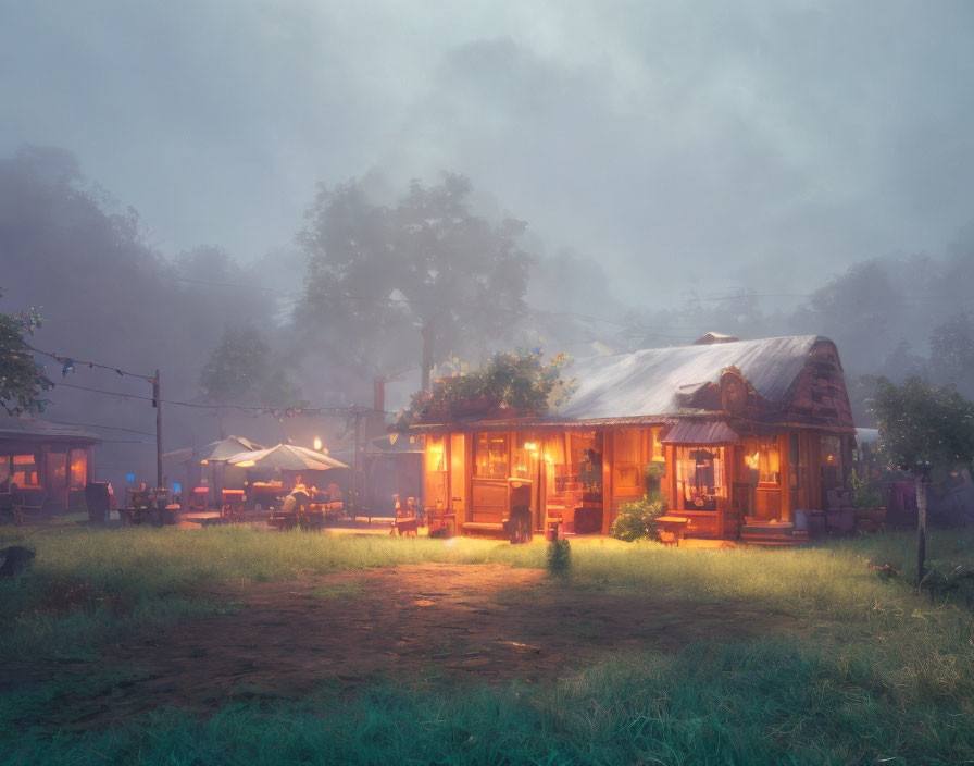 Cozy illuminated cabin with corrugated roof at dusk surrounded by mist and strung lights.