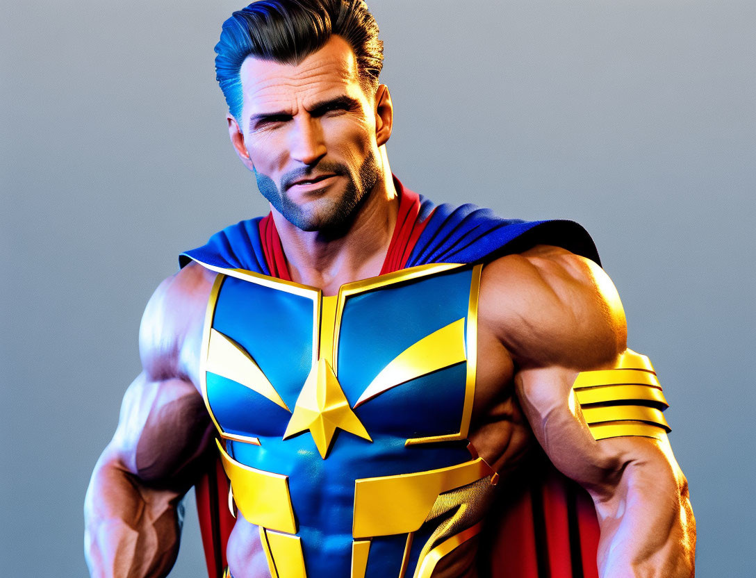 Muscular superhero in blue and red suit with cape and emblem