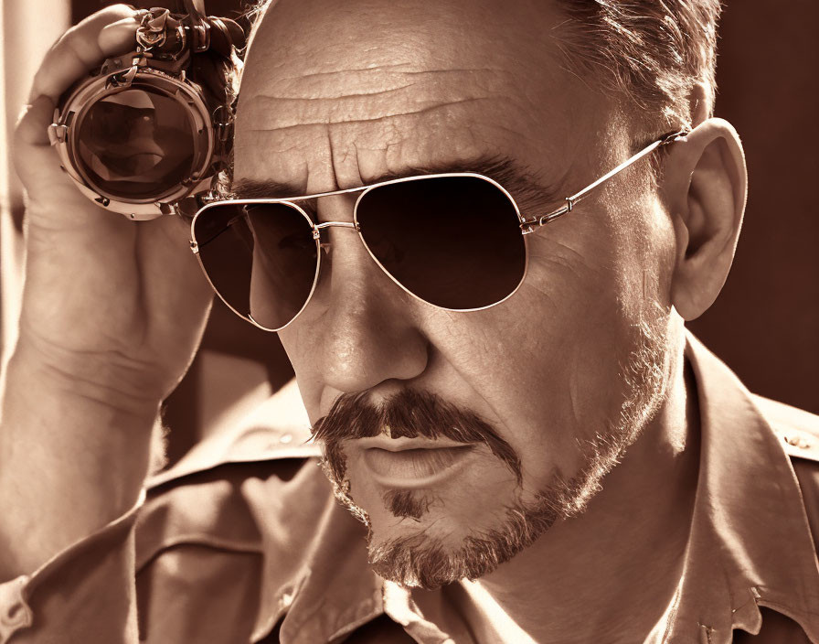 Sepia-Toned Close-Up of Man with Mustache and Beard in Aviator Sunglasses