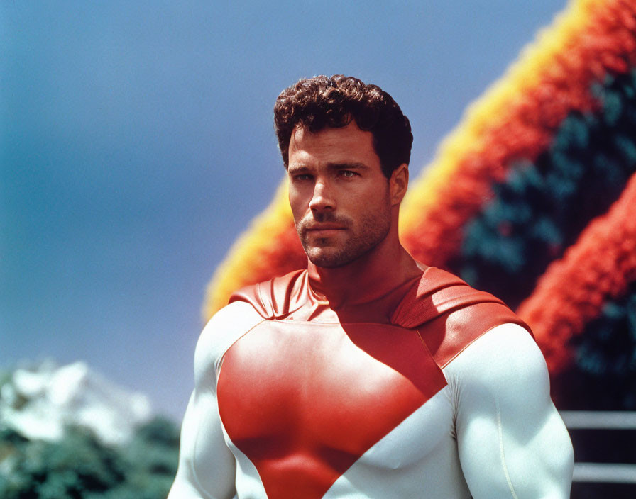 Muscular man in red and white superhero costume in confident pose.