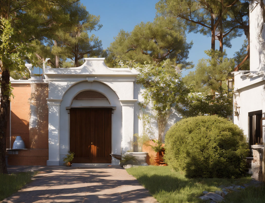 Tranquil garden with lush trees, manicured bush, terracotta pots, white arch,