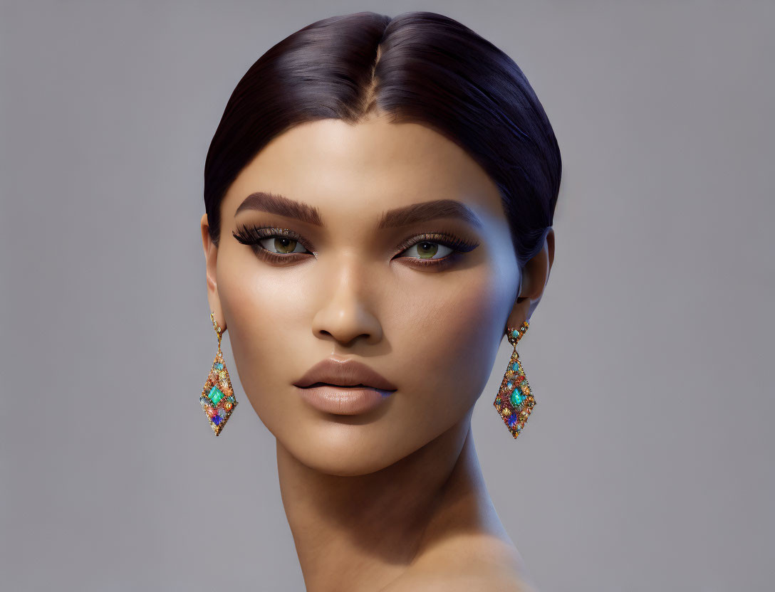 Woman with sleek hair, striking makeup, and colorful earrings.