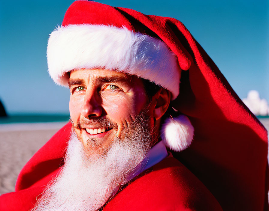 Bearded man in Santa hat and red cloak on beach backdrop